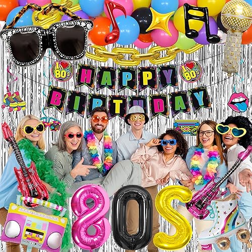 Miniatura 5 de Holkcog 80s Disco Theme Party Decorations, Back t0 80s Decor with Guitar Glasses Skate, 80 Balloons, Silver Curtain for Retro Party Photo Props Bday
