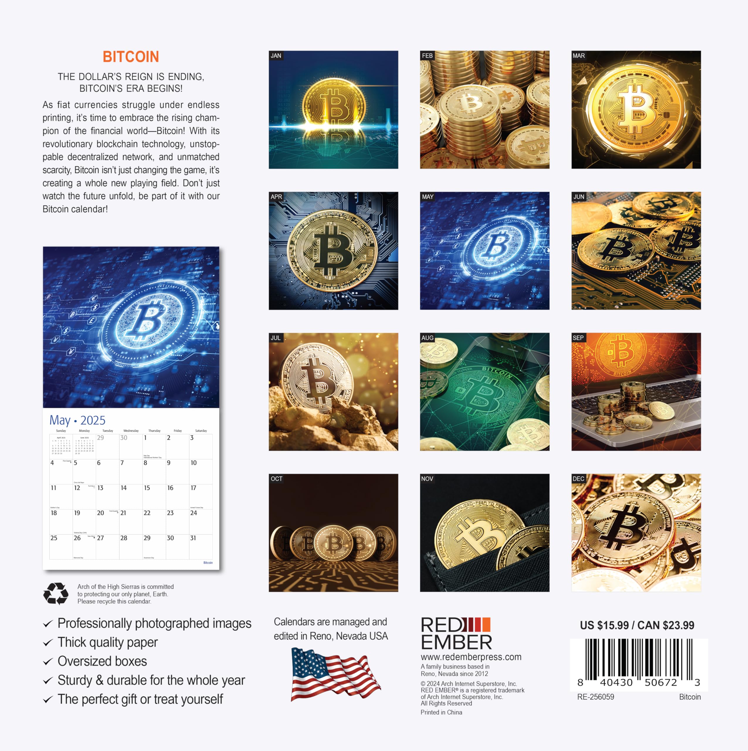 RED EMBER Bitcoin 2025 Hangable Monthly Wall Calendar | 12