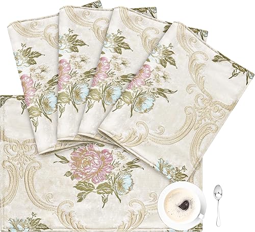 Loom and Mill Juego de 4 manteles individuales de jacquard con diseño floral, lujosos, antideslizantes, para el hogar, cocina, fiesta, banquete,
