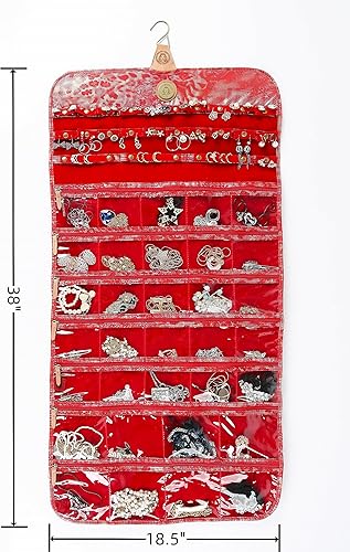 Miniatura 3 de Angelina's Palace Tenby Jewelry - Organizador de doble cara para colgar joyas, rollo de almacenamiento de joyas, 24 barras de anillos de aretes, 28