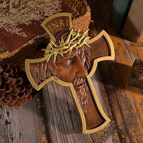 Miniatura 3 de BGCOPPER Corona de espinas Jesús Cruz Wll Decoración, Cruz de madera hecha a mano para pared, Crucifijo INRI Crucifijo de pared para el hogar,