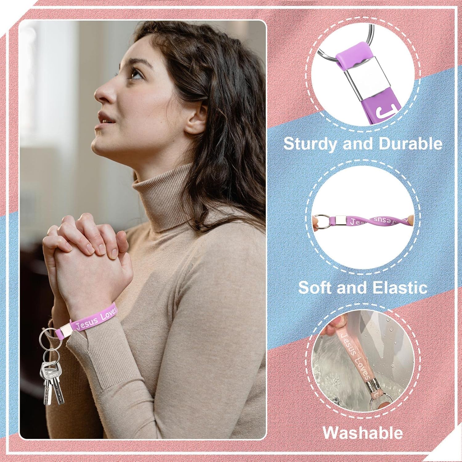 Yinkin 24 Pcs Jesus Loves You Silicone Keychains Christian Religious Gifts Bulk Inspirational Keychain for Women Men Church Christian Gift Supplies - Image 3