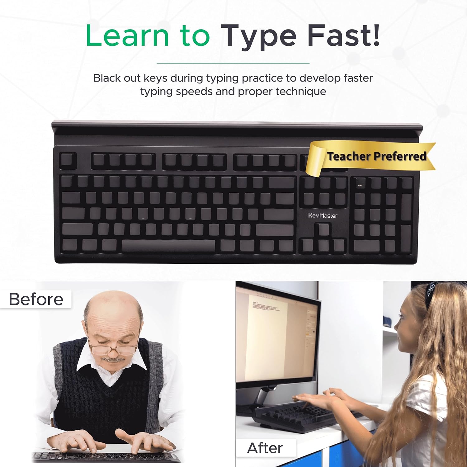 Learn to Type Keyboard; Blank Key Caps; Practice Typing with Show or Hide Key Visibility; Teach Students to Touch Type; Keymaster Mechanical Shine Through Keyboard; Better Than Skins or Covers