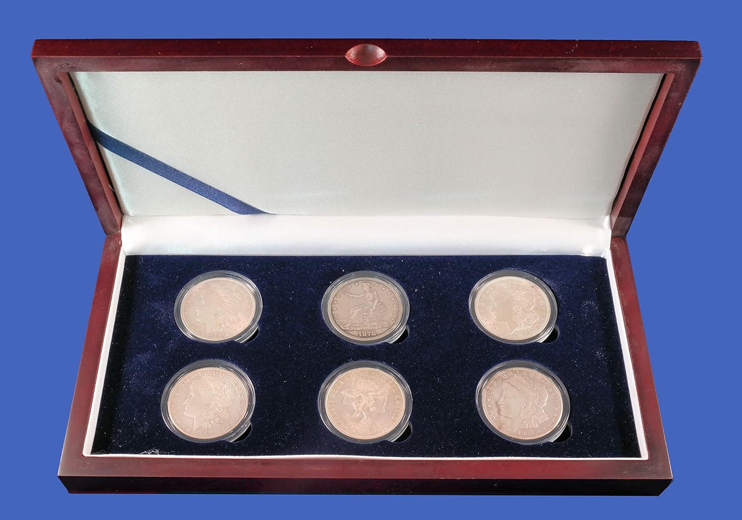 Wood Display Box for 6 Large Coin Capsules/Challenge Coin Mahogany Finish