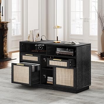 4 Drawer File Cabinet, Fluted Wood Lateral Filing Cabinet with Lock and Charging Station for Home Office, Printer Stand with Open Storage Shelves, Fits A4, Letter Size, Black