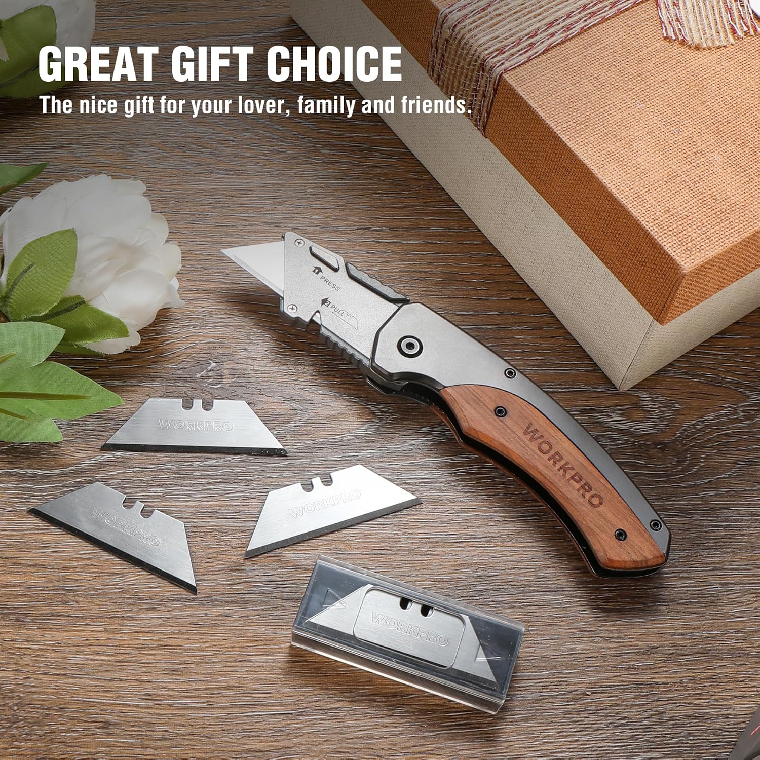 WORKPRO Folding Utility Knife, Quick-Change Box Cutter with Stainless Steel Head & Liner Lock, Wood Handle Razor Knife and Extra 10PC SK5 Blades