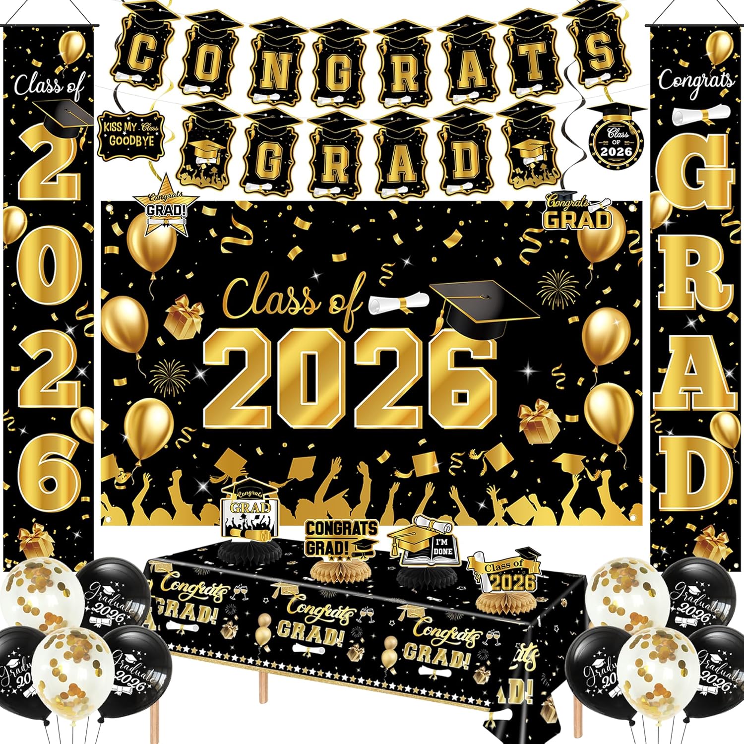 Crenics Black and Gold Graduation Decorations - Class of 2026 Backdrop, Banner, Tablecloth, Porch Banner, Haning Swirls, Honeycomb Centerpieces and Balloons for Graduation Party Supplies