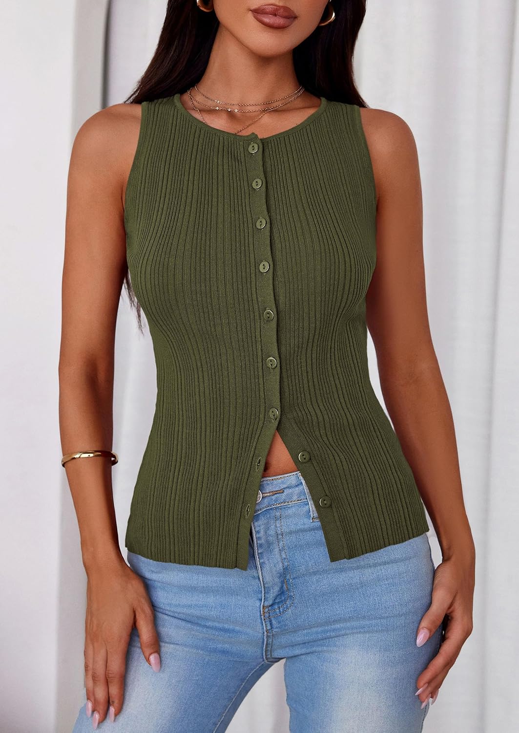 PRETTYGARDEN Ribbed Tank Tops for Women Summer 2026 Button Down Sleeveless Shirts Y2K Fashion Clothing Going Out Vest Top - Image 3