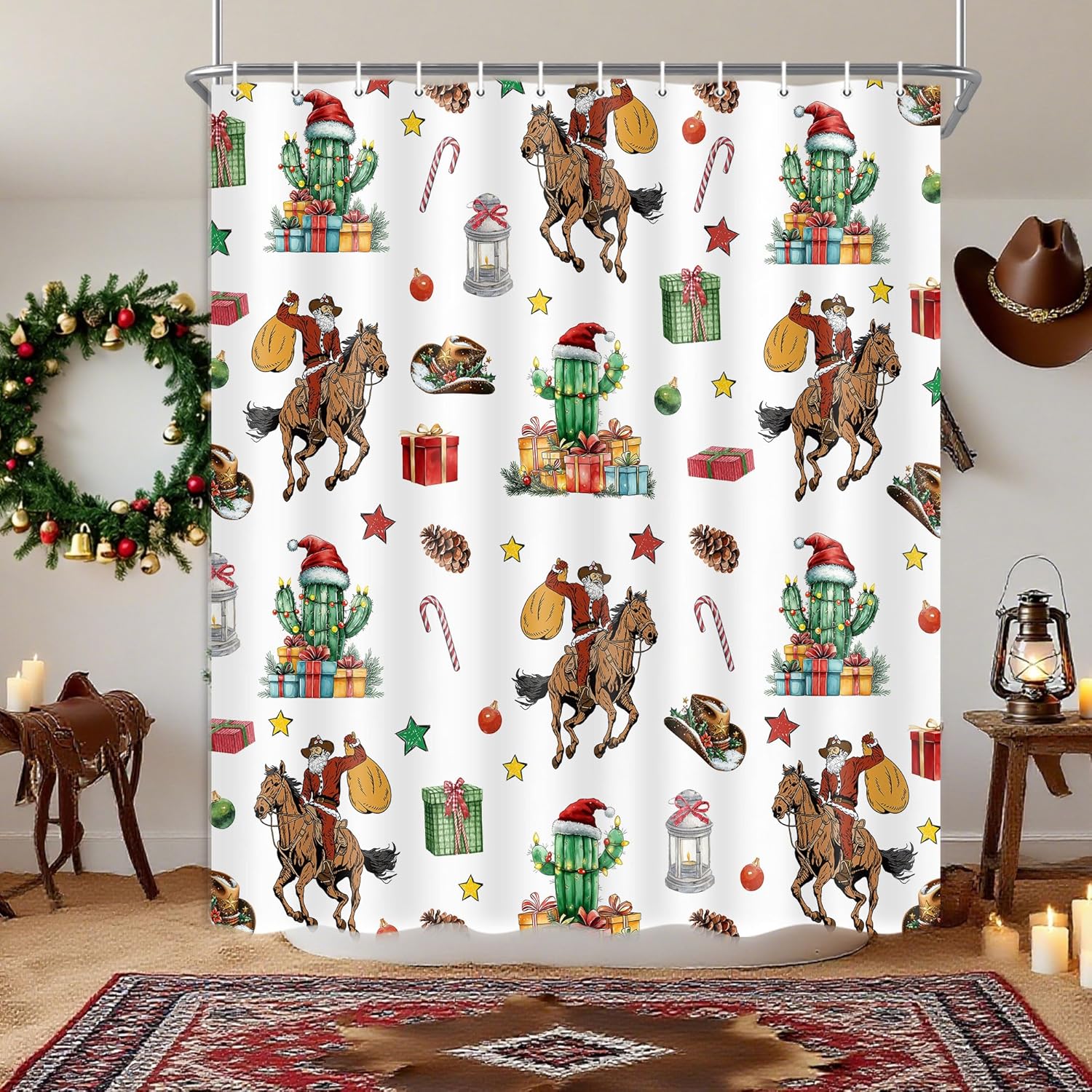 Western Christmas Shower Curtain, Santa Clause Cowboy On Horse in Desert Holiday Xmas Fabric Shower Curtains for Bathroom, Machine Washable, Waterproof, Cloth, with Hook, Bathroom Assesory Set