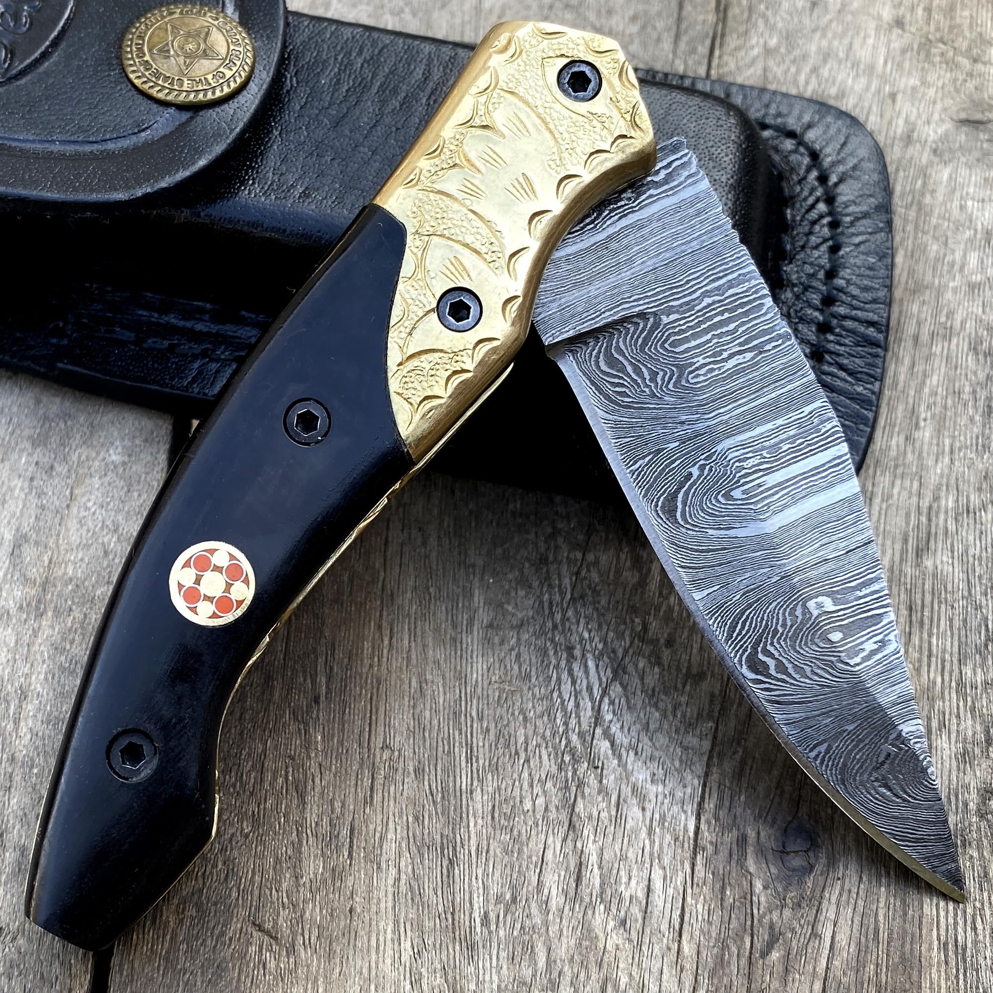 Dessi Handmade Damascus Steel Kitchen Tool Bull Horn Handle Brass Bolsters Leather Sheath Folding Pocket 2008