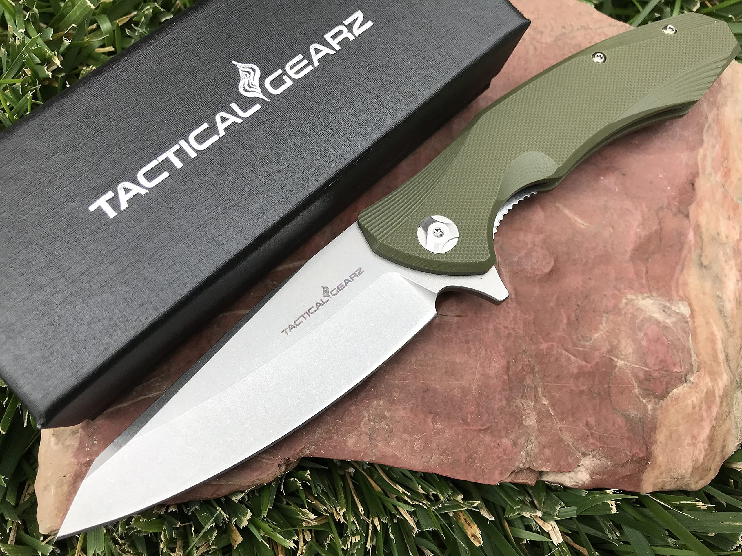 TACTICAL GEARZPocket Knife for EDC, G10 Handle, D2 Steel Stonewashed Blade, Includes Sheath (Zeta OD)