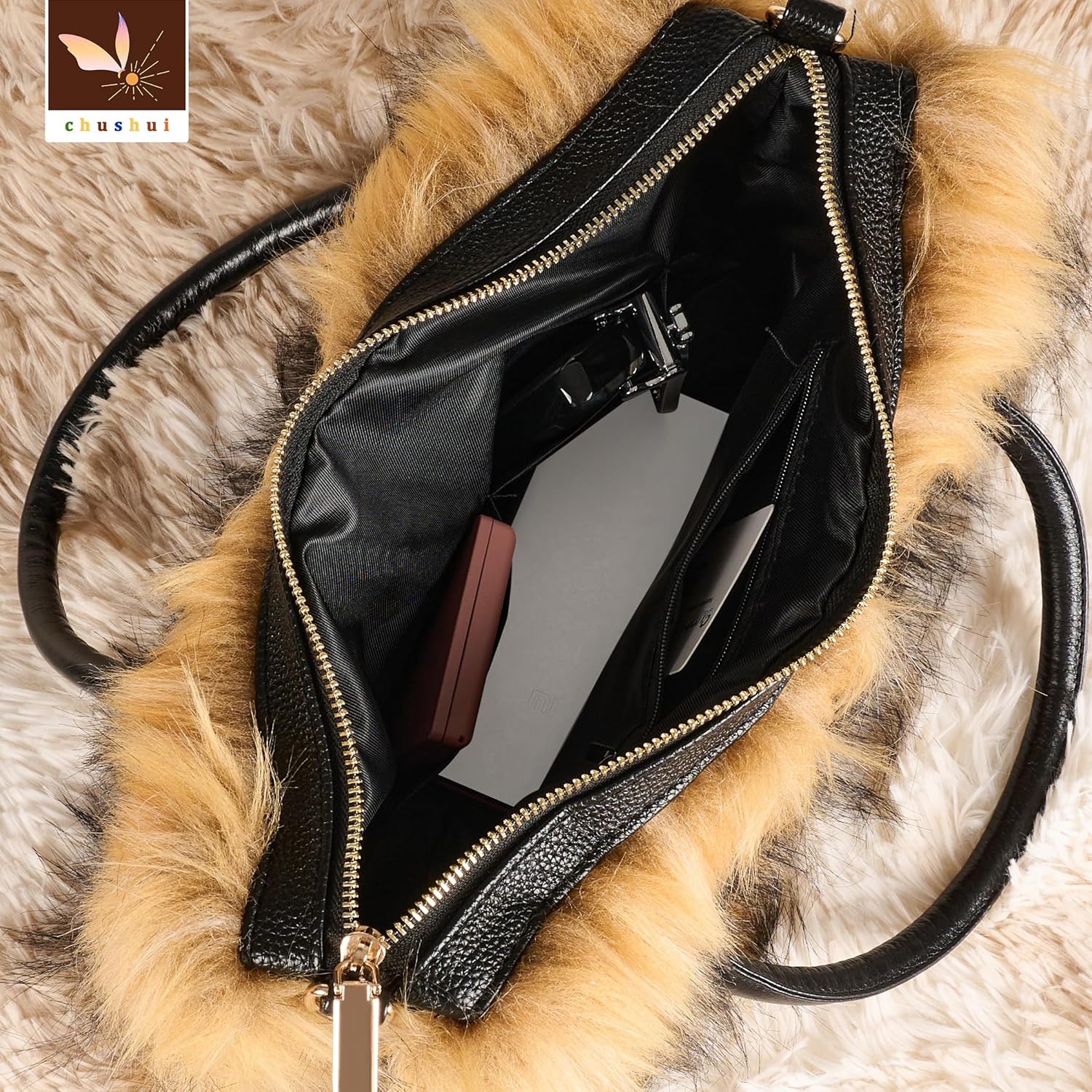 Fur Purse,Vintage-Revival Small Crossbody Bag,Top Handle Leather Handbag for Women