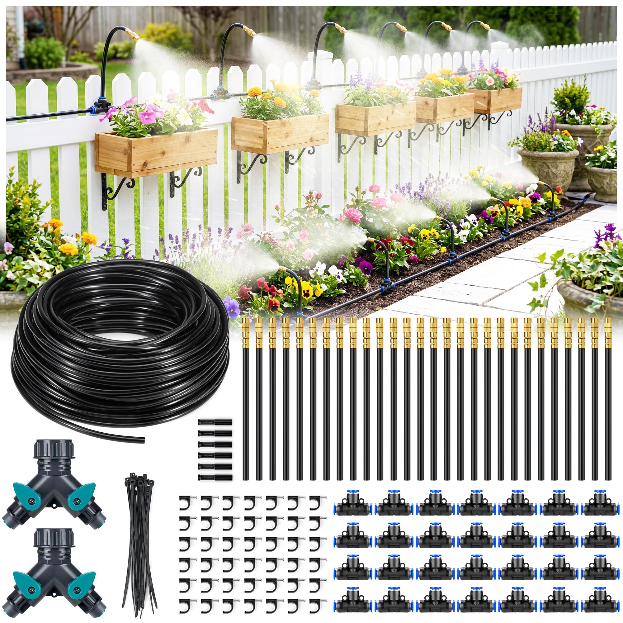 HIRALIY Sistema de riego por goteo ajustable de 360° de 165 pies, tubo de 1/4 pulgadas con boquillas de cobre ajustables, kit de riego atomizador automático para jardín, patio, césped, invernadero y