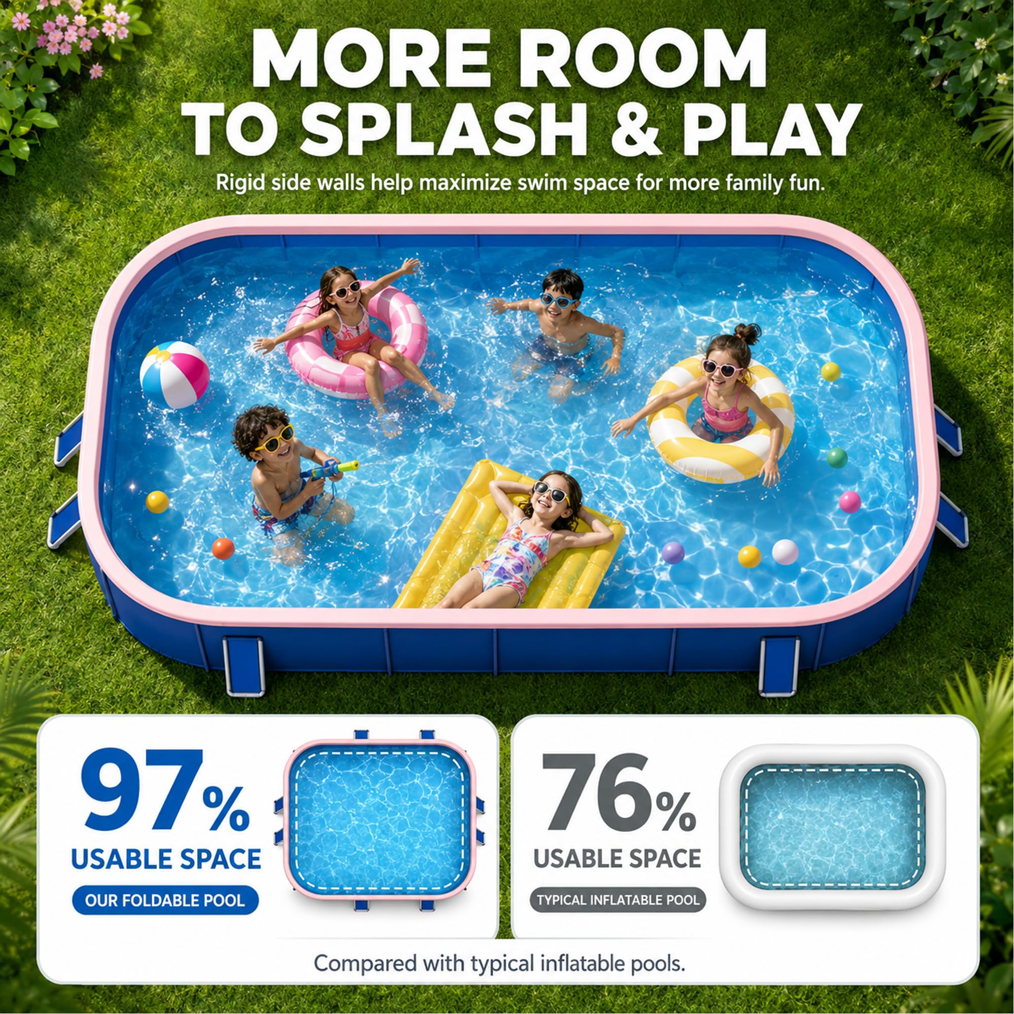 Faltpool Mit Dach, Nicht Aufblasbarer Pool | PVC-Faltpool Für Erwachsene & Kinder, Abnehmbare Sonnendach, Doppelablauf, Garten Terrasse Camping(2.1m/6.9ft)