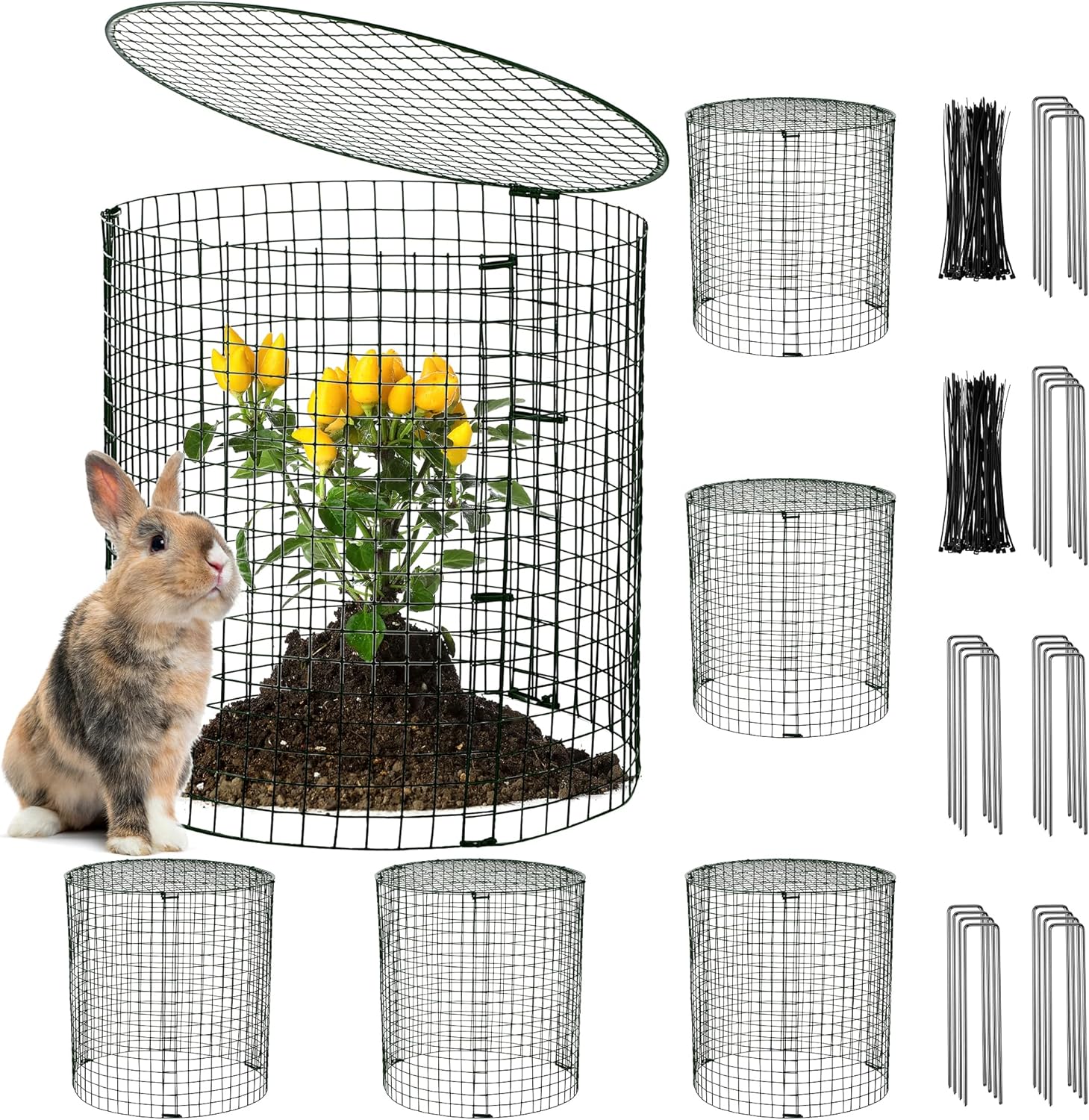 Hiboom 6 Set Garden Plant Protectors from Animals with Stakes, Metal Mesh and Detachable Covers Wire Plant Cage for Keeping Bunny Animals Out, Chicken Wire Cover Garden Protection (12x13)