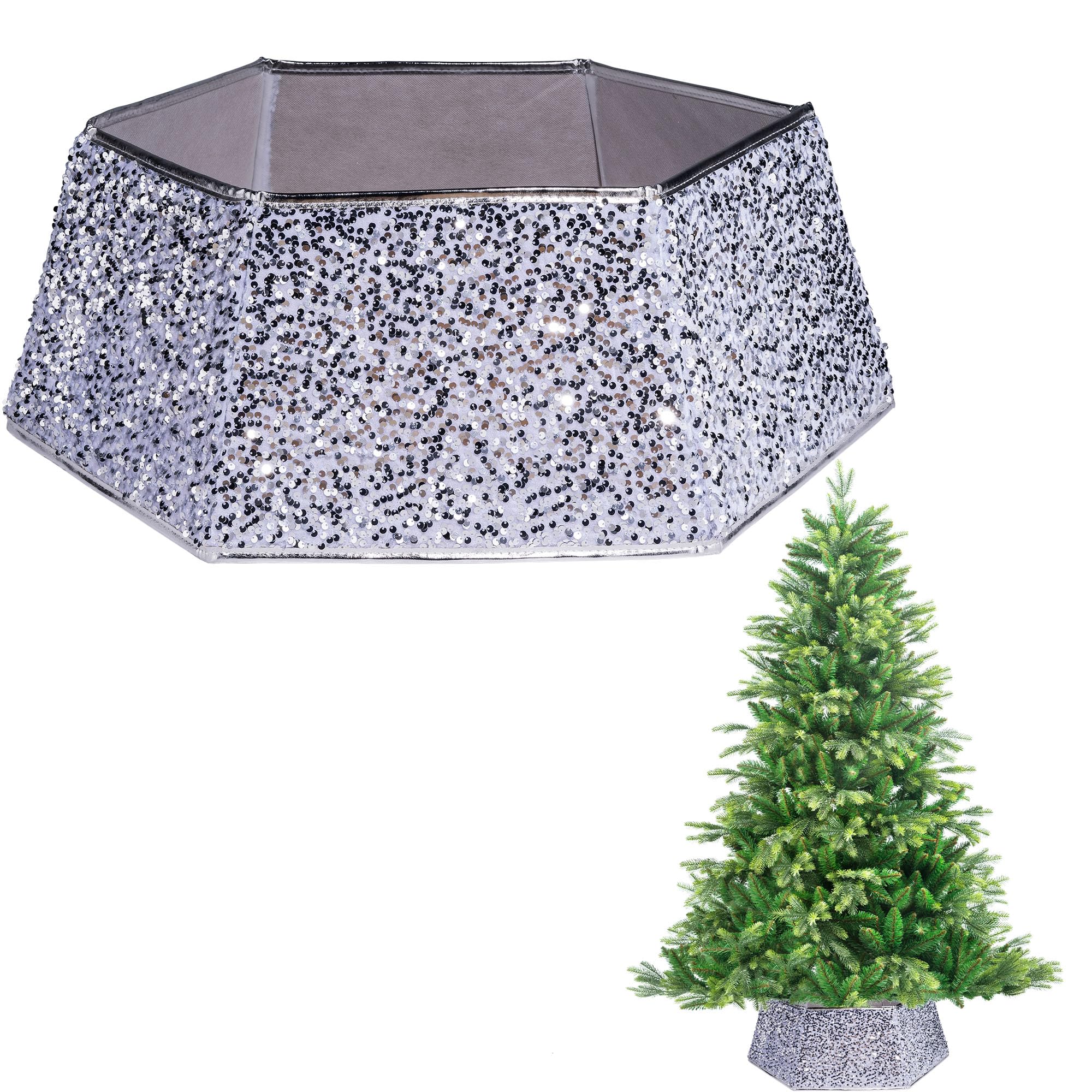 Shatchi ( Sequin) Christmas Tree Collar Skirt Stand Base Trunk Cover Foldable Xmas Décor Silver