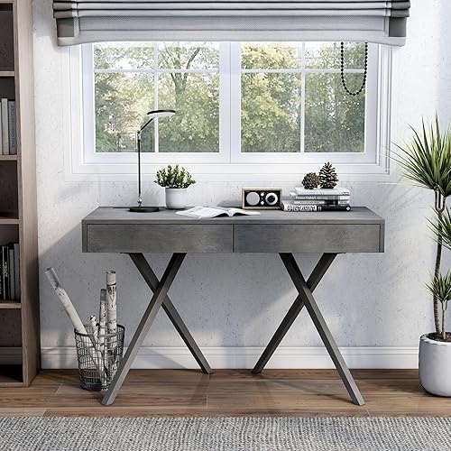 Miniatura 4 de 24/7 Shop at Home Idris Mid-Century - Escritorio moderno de madera con 2 cajones con puerto USB, toma de corriente para estación de trabajo, oficina