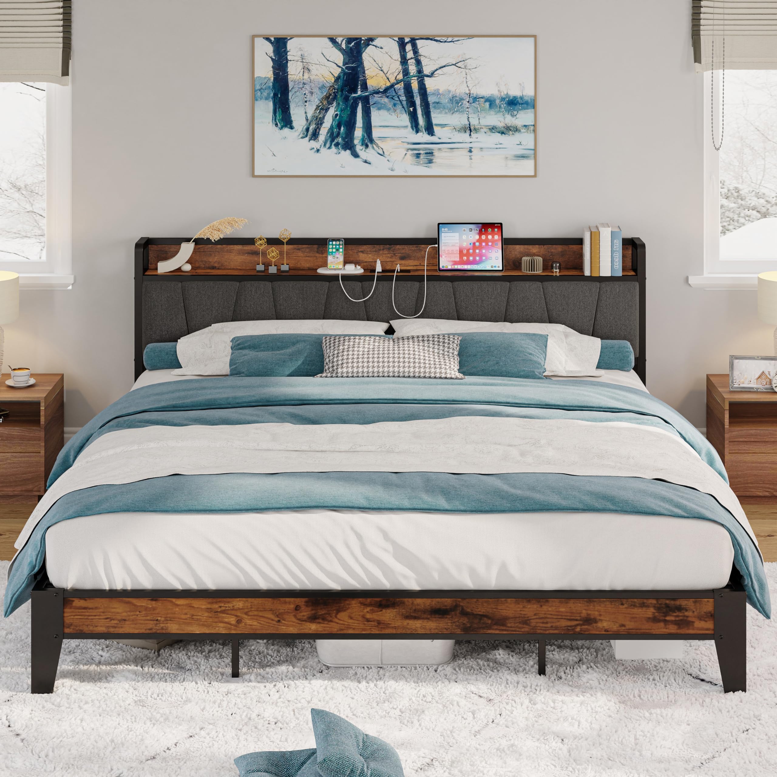 LIKIMIO California King Bed Frames, Storage Headboard with Charging Station, Solid and Stable, Noise Free, No Box Spring Needed, Easy Assembly
