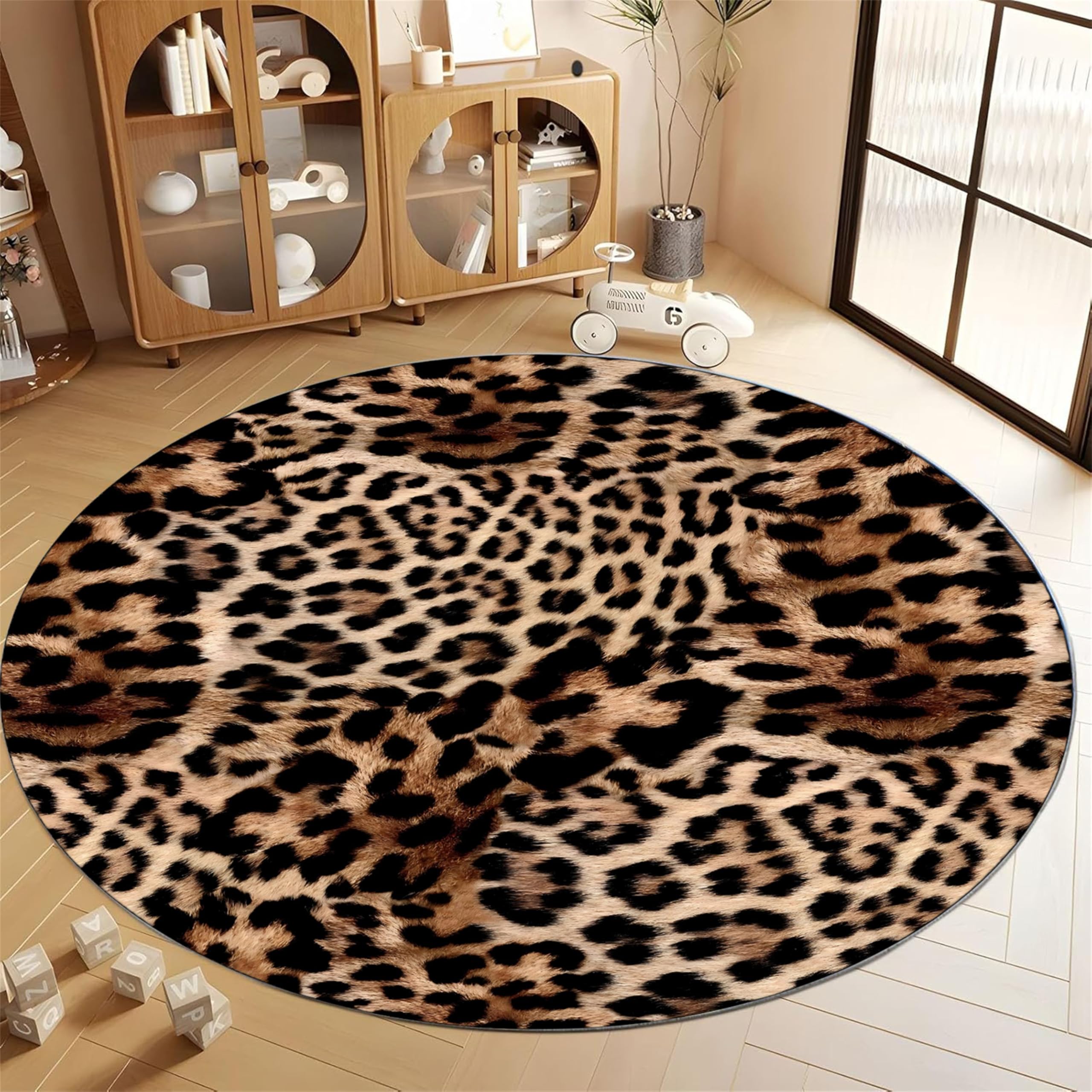 Brauner Leopardenmuster Runder Teppich 120cm - rutschfest & fusselarme waschbare Auslegware, weicher Tierprint Bodenmatte für Wohnzimmer, Schlafzimmer, Büro