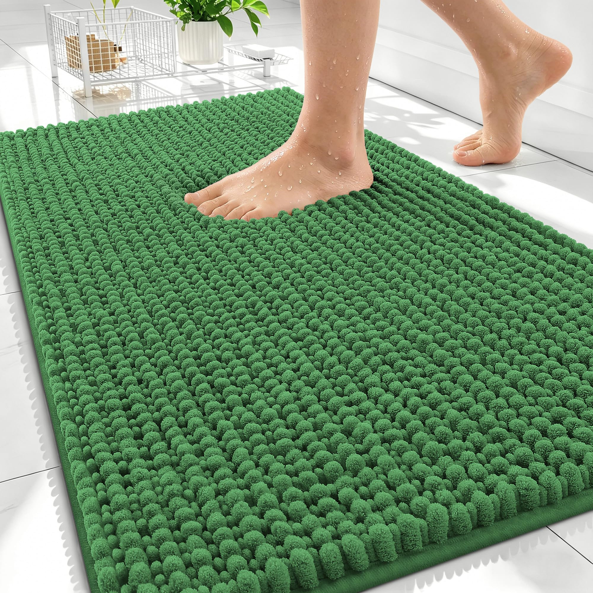 OLANLY Thick Chenille Absorbent Bathroom Rugs Mat 30x20, Olive Green