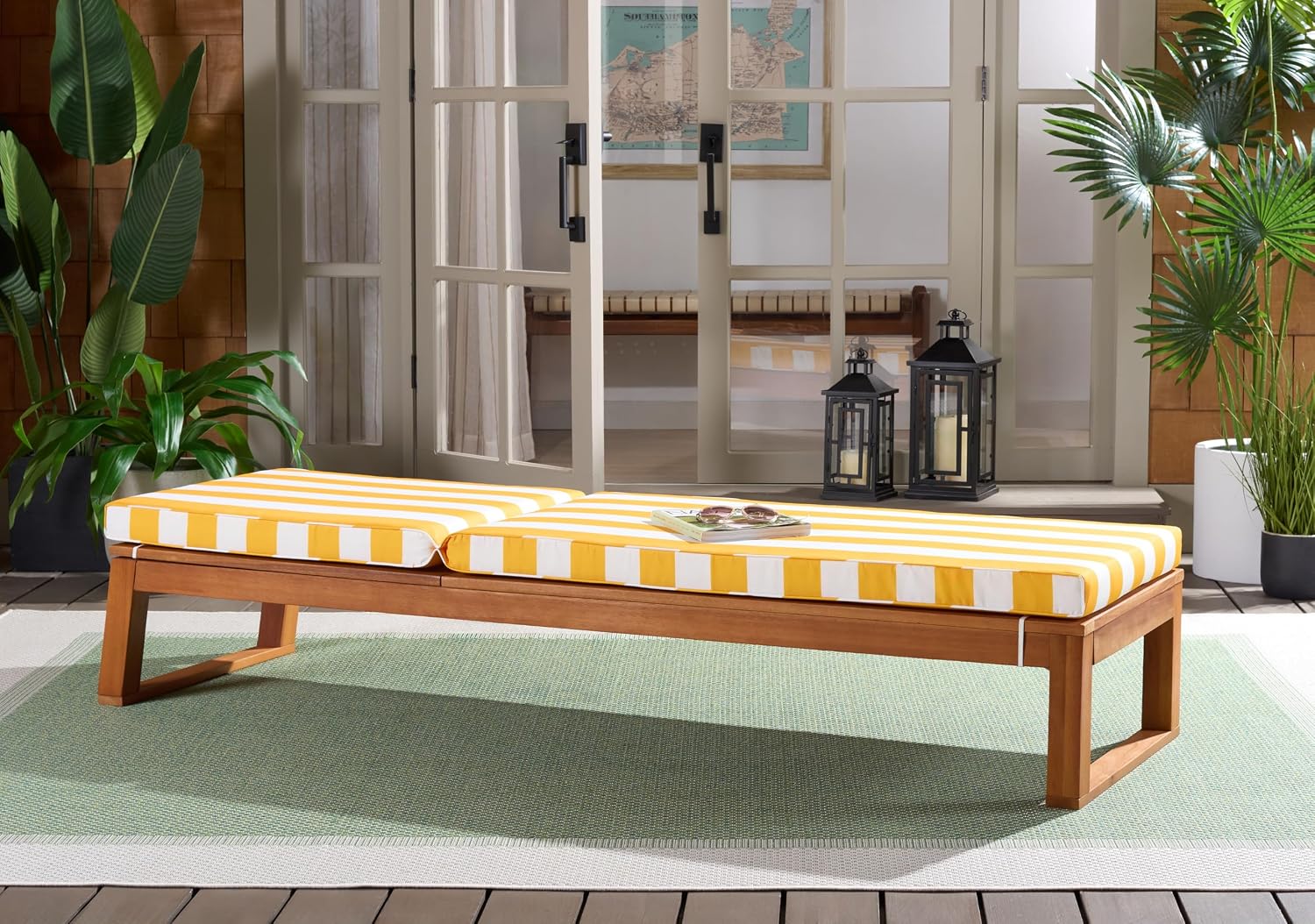SAFAVIEH Outdoor Patio Furniture Collection - Sophie Natural Brown Solid Wood Chaise Lounge Chair, Adjustable Reclining, Yellow Stripe Cushion (PAT7101Y)
