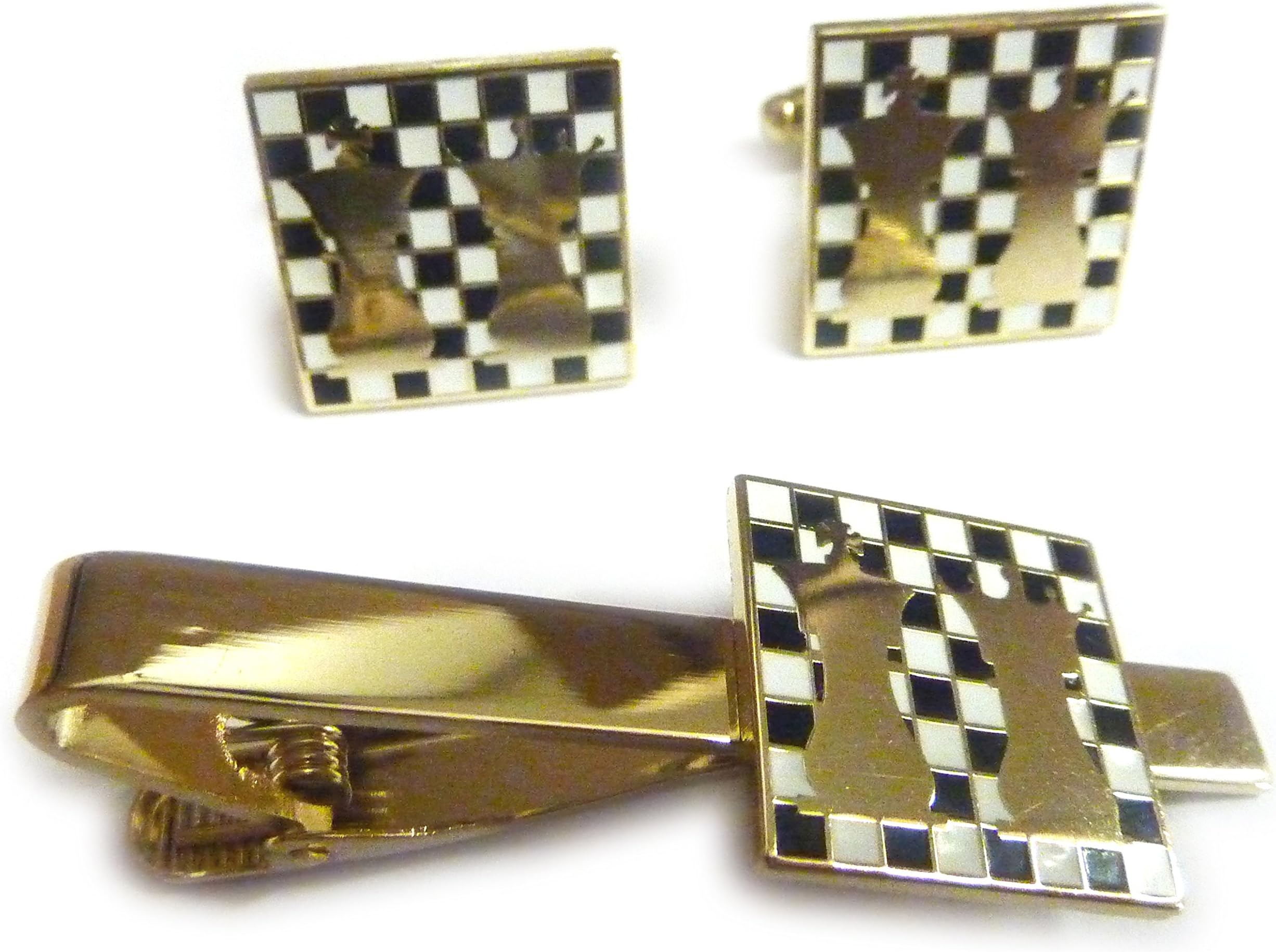 Chess Ajedrez King Queen Checkerboard Suit Tuxedo TIE BAR Clip Cufflinks Set