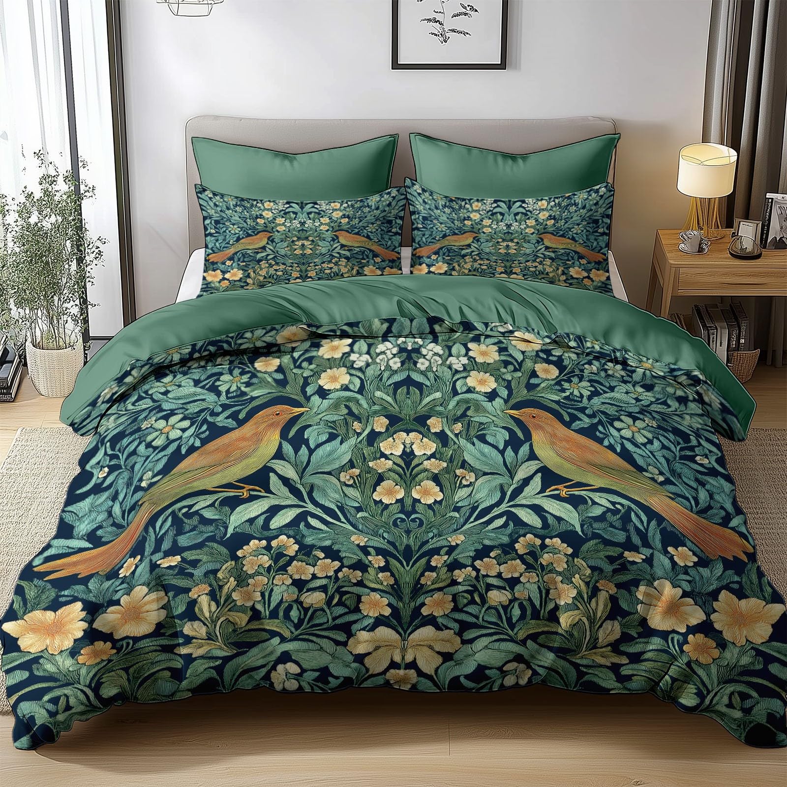3D Reversible Duvet Cover Set William Morris Forest Birds Flowers Printed Bedding Green Duvet Cover 3 Pcs Zipper Bedding Set 135x200cm Soft Hypoallergenic Microfiber Quilt Cover for Kids Adults