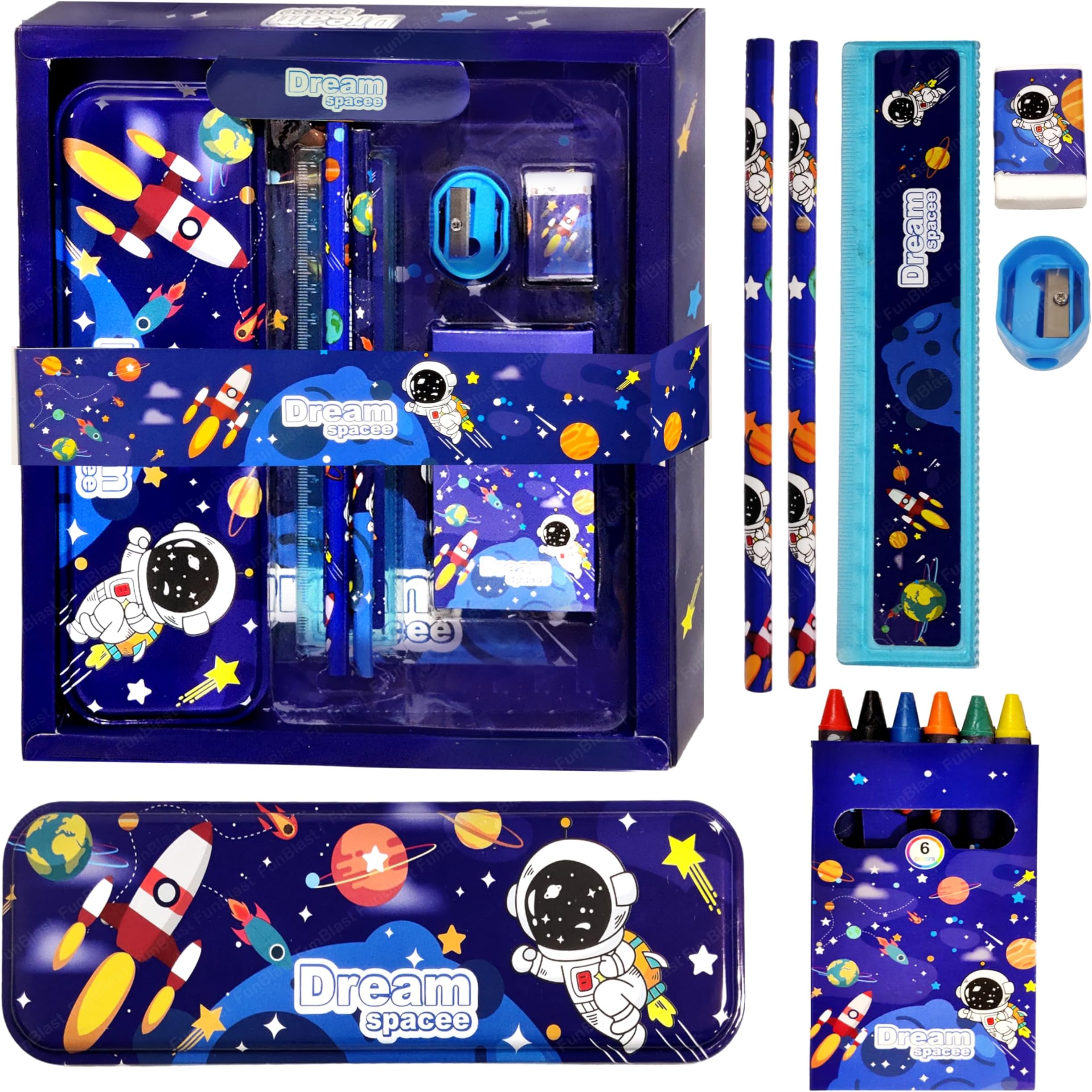 Space Theme Stationery Kit for Kids - Stationery Box Pencil Pen Eraser Sharpener and Space Pencil Box- Stationary Kit Set for Boys and Girls, Birthday Gift for Kids (Multicolor)