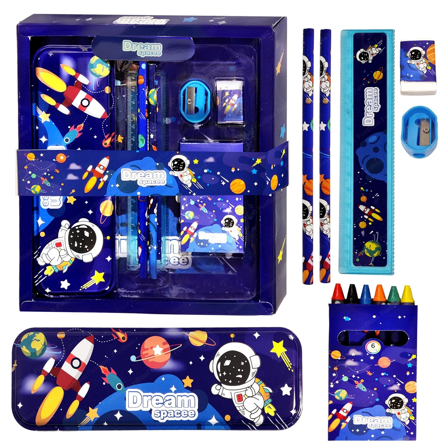 FunBlast Space Theme Stationery Kit for Kids – Stationery Box Pencil Pen Eraser Sharpener and Space Pencil Box- Stationary Kit Set for Boys and Girls, Birthday Gift for Kids (Multicolor)
