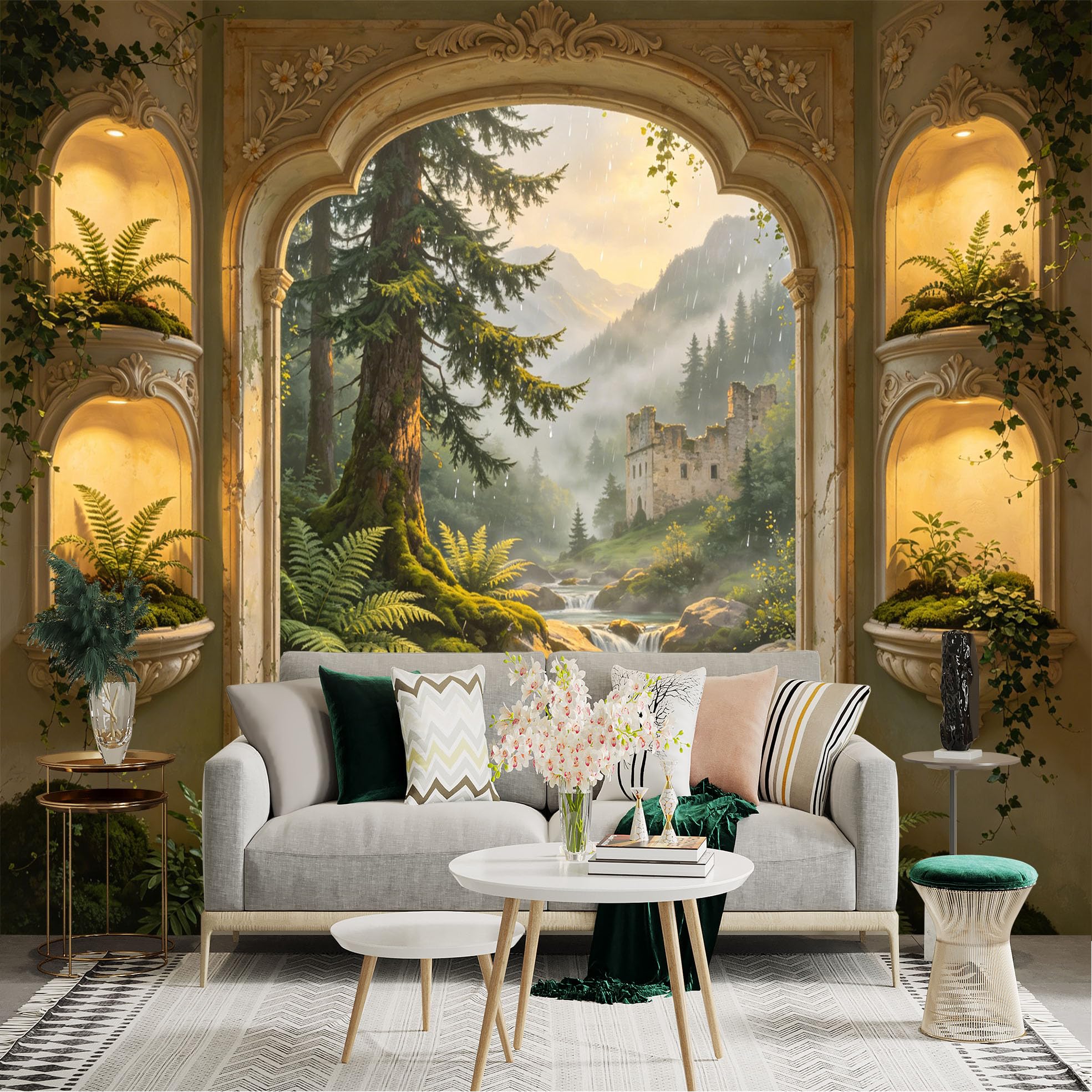 Custom Size Wall Sticker Mural， Fantasy Forest with Castle， Waterfall and Mountain View， for wall Decoration， peelandstick wall Decals.