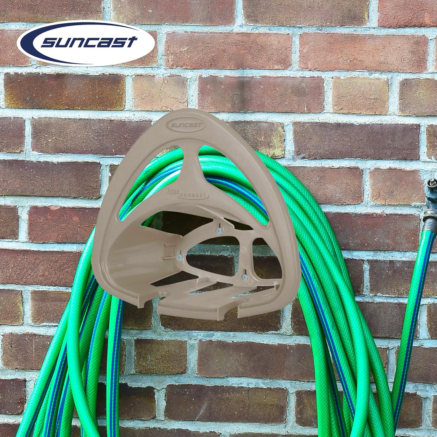 Suncast Hangout HH150 Outdoor Wall Mounted Durable Resin Garden Hose Holder with Accessories Shelf, Designed for 150 Foot Garden Hoses, Taupe, 2 Pack