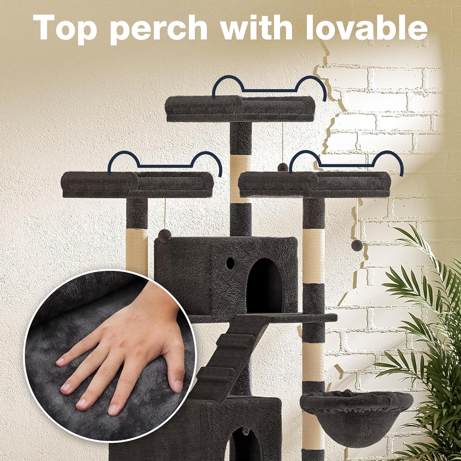 75" Large Cat Tree, Big Cat Tower for Indoor Cats, Tall Cat Tree with 3 Cushioned Perches, Sisal Scratching Posts, Cozy Basket, 2 Cat Condos. Smoky Gray