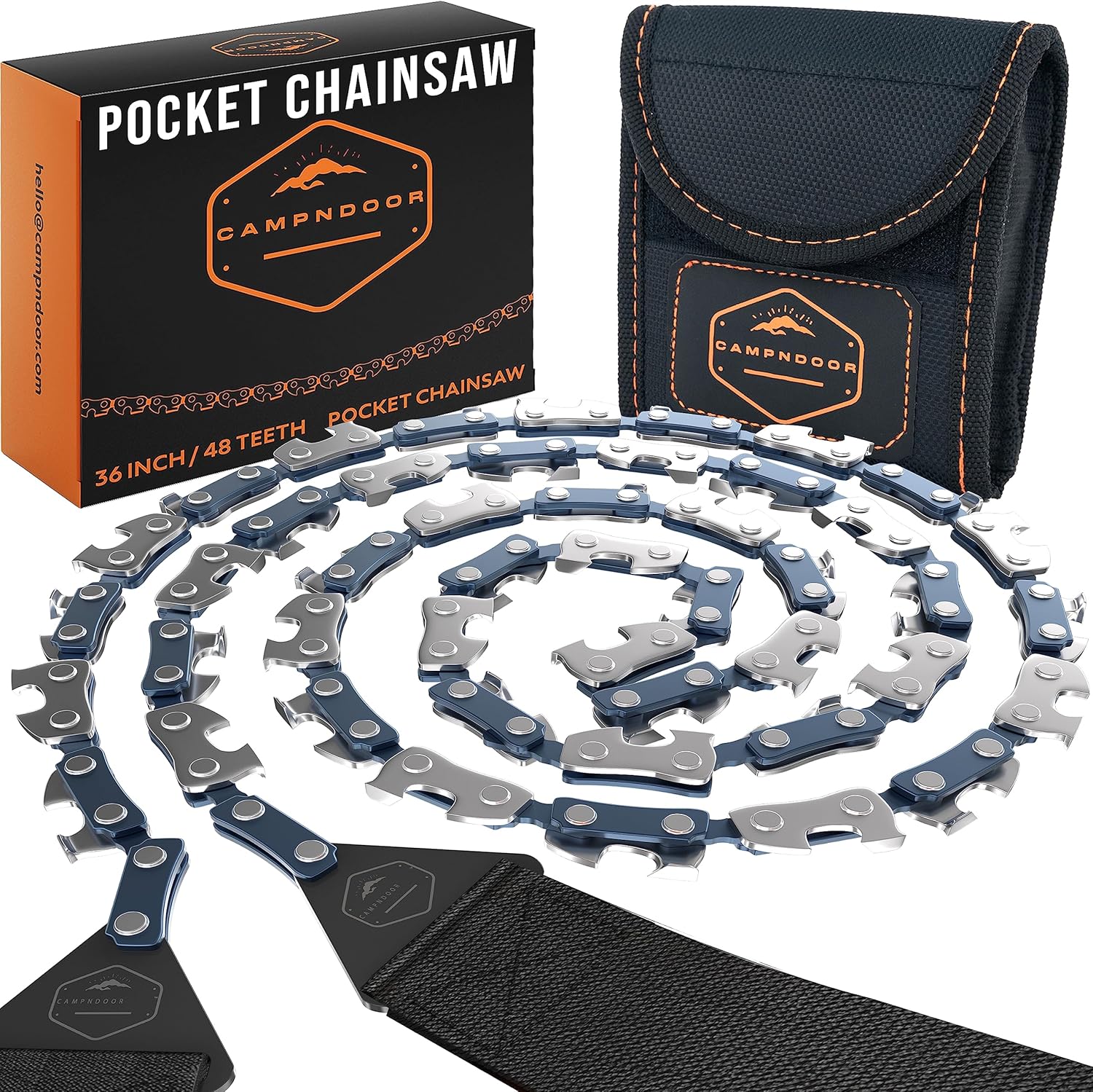 Pocket Chainsaw with Paracord Handles - Orange 65Mn Heavy Duty Steel Pocket Saw - 48 Teeth Survival Saw with Sturdy Handles and Bag - Handy Camping Gear - CAMPNDOOR Bushcraft Survival Gear