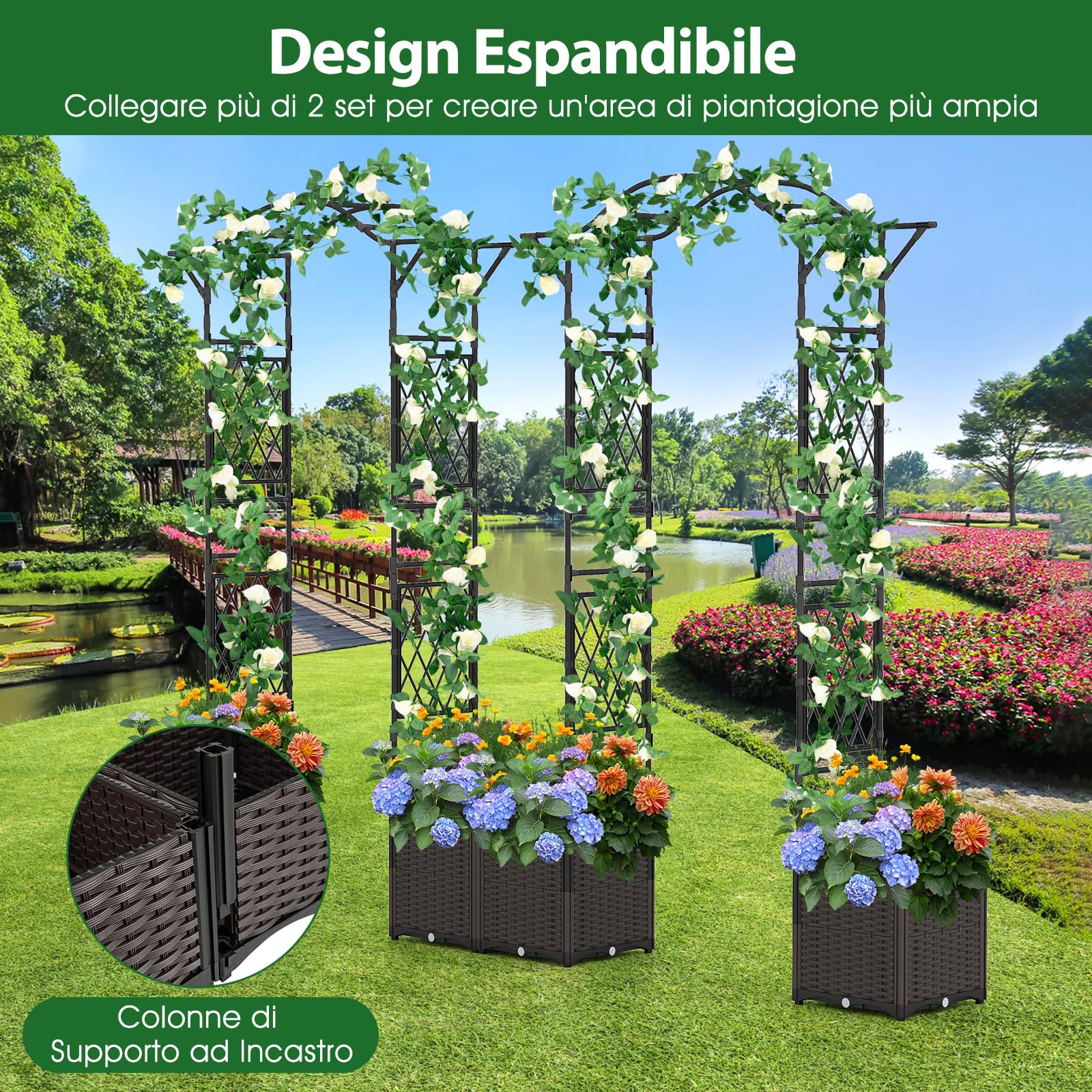 RELAX4LIFE Arco da Giardino con Fioriere, Arco per Piante Rampicanti, Fioriere Laterali con Ruote, Supporto per Piante in Metallo Rivestita PE Antiruggine, Decorazioni per Patio e Giardino (Nero)