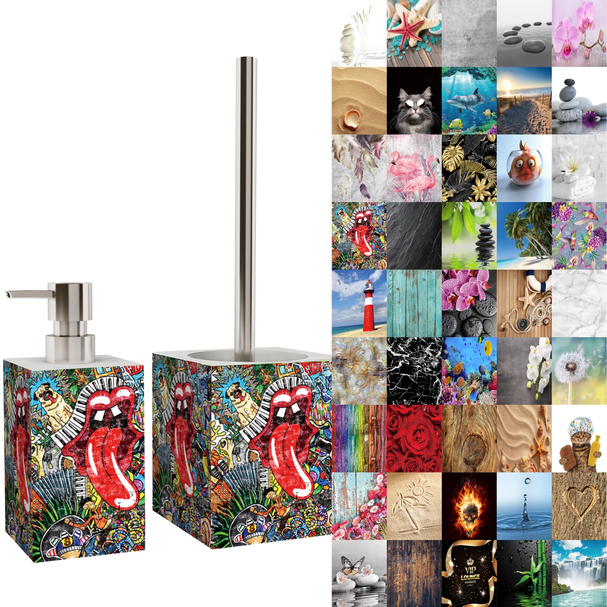 Premium Bathroom Set | Great Range | Soap Dispenser and Toilet Brush | Beautiful designs surface (Graffiti)