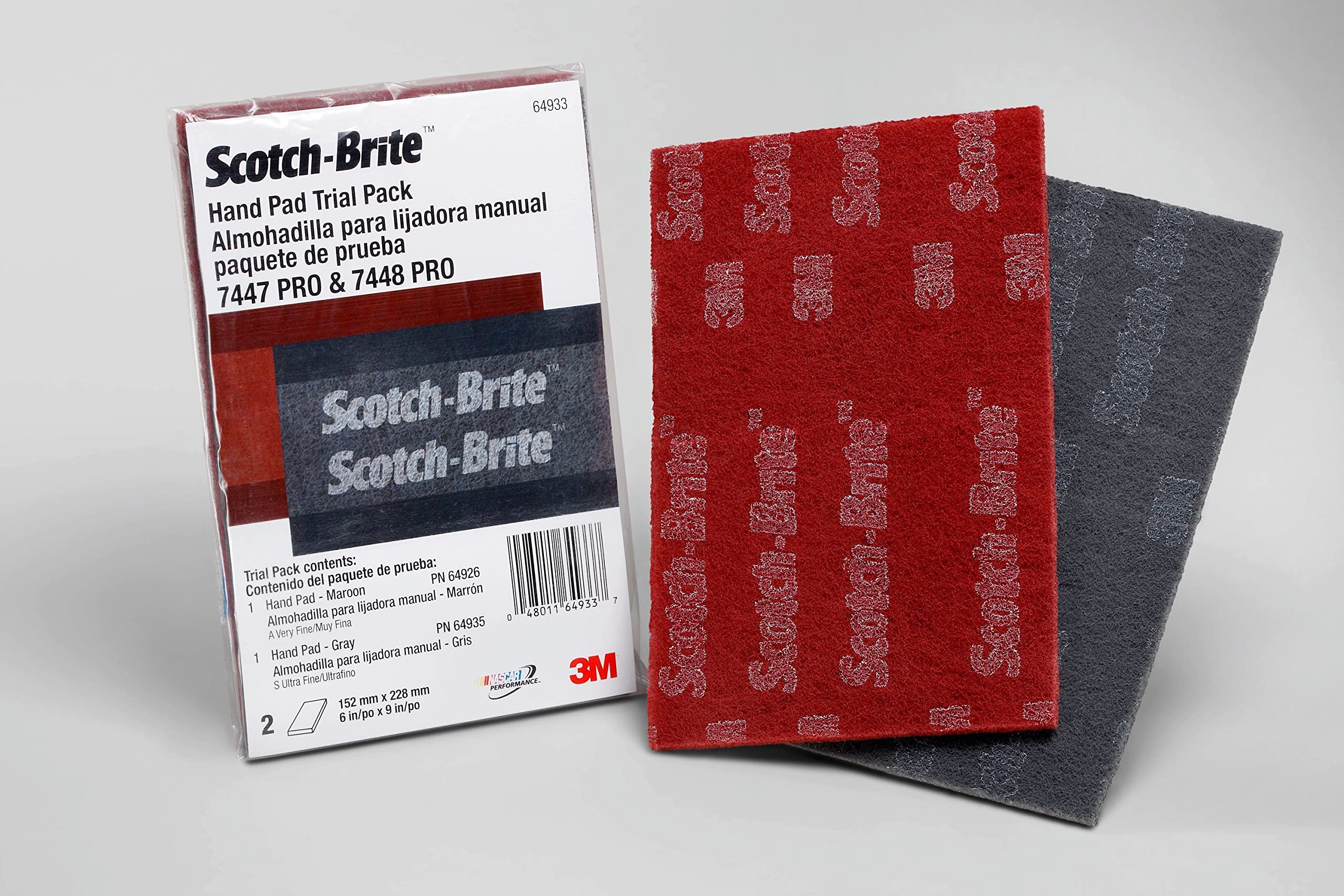 Scotch-Brite PRO Hand Pad Pack 64933, 6 in x 9 in Pads, Very Fine & Ultra Fine Grades, 2-Pad Abrasive Assortment for Surface Prep and Finishing Tasks