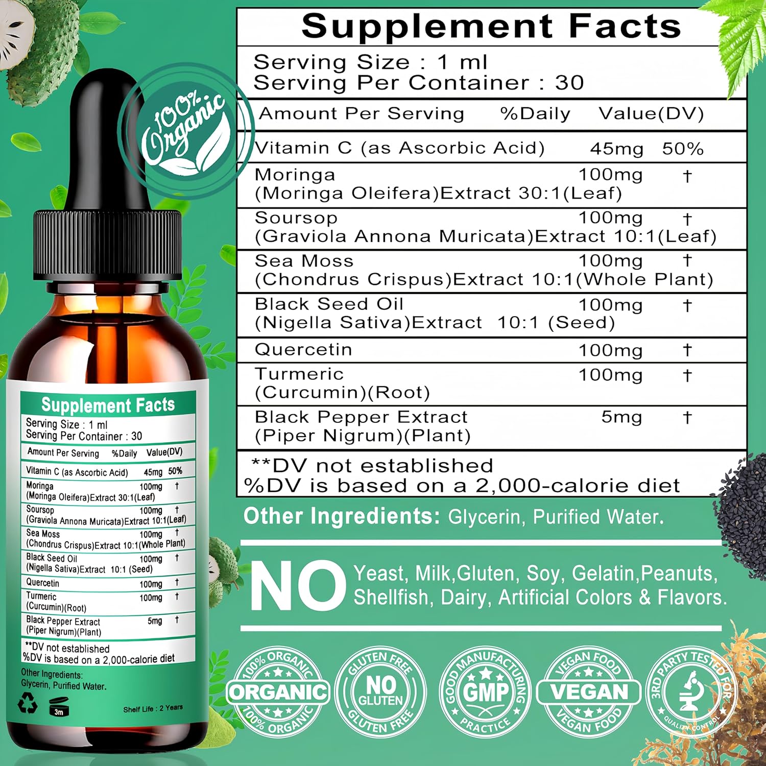 Moringa Drops,Pure Moringa Oleifera Liquid Extract with Soursop Sea Moss Black Seed Oil Quercetin Turmeric - Multimineral&Vitamins Superfood Drops for Energy Immune,Digestive,Cell Support,30 Serving - Image 6