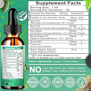 Moringa Drops,Pure Moringa Oleifera Liquid Extract with Soursop Sea Moss Black Seed Oil Quercetin Turmeric - Multimineral&Vitamins Superfood Drops for Energy Immune,Digestive,Cell Support,30 Serving