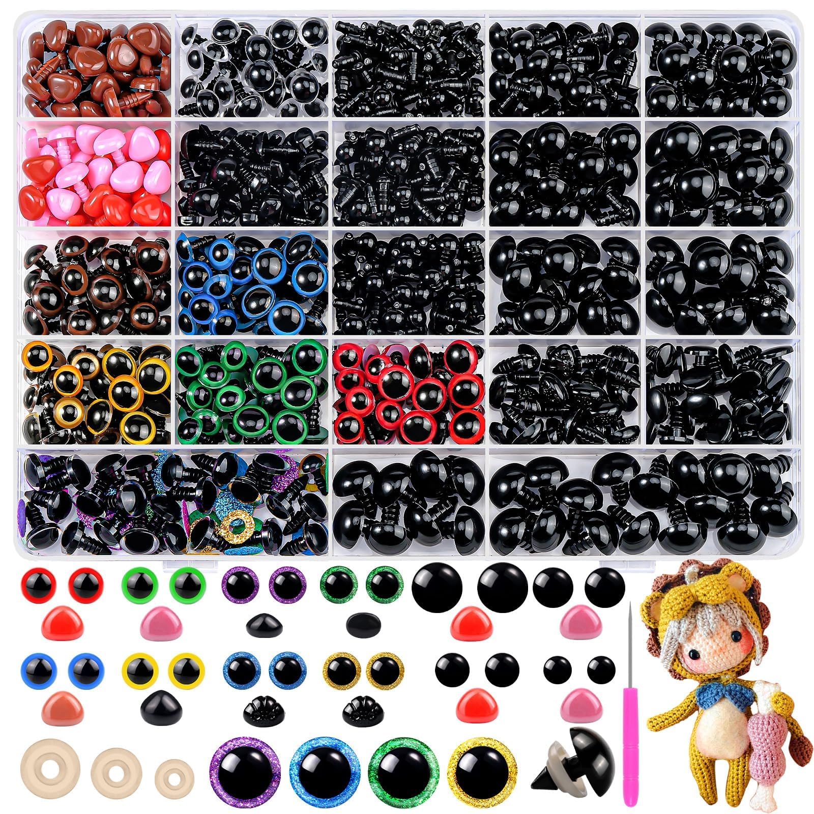 MUOTRRTE 1100 Stück Sicherheitsaugen und Nasen für Häkeltiere, Amigurumi Augen zum Häkeln, Bunte Puppenhäkelaugen mit Unterlegscheiben für Plüschtiere, Häkelspielzeug, Plüschpuppen und Teddybären
