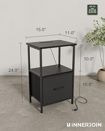 Miniatura 2 de Innerjoin Mesa auxiliar con almacenamiento, mesita de noche LED con estación de carga A & C, mesas auxiliares, sala de estar, mesita de noche para