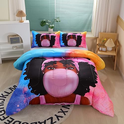 Juego de edredón de niña negra afroamericana para niños y adultos, edredón de cama tamaño individual con 2 bonitas fundas de almohada de pelo