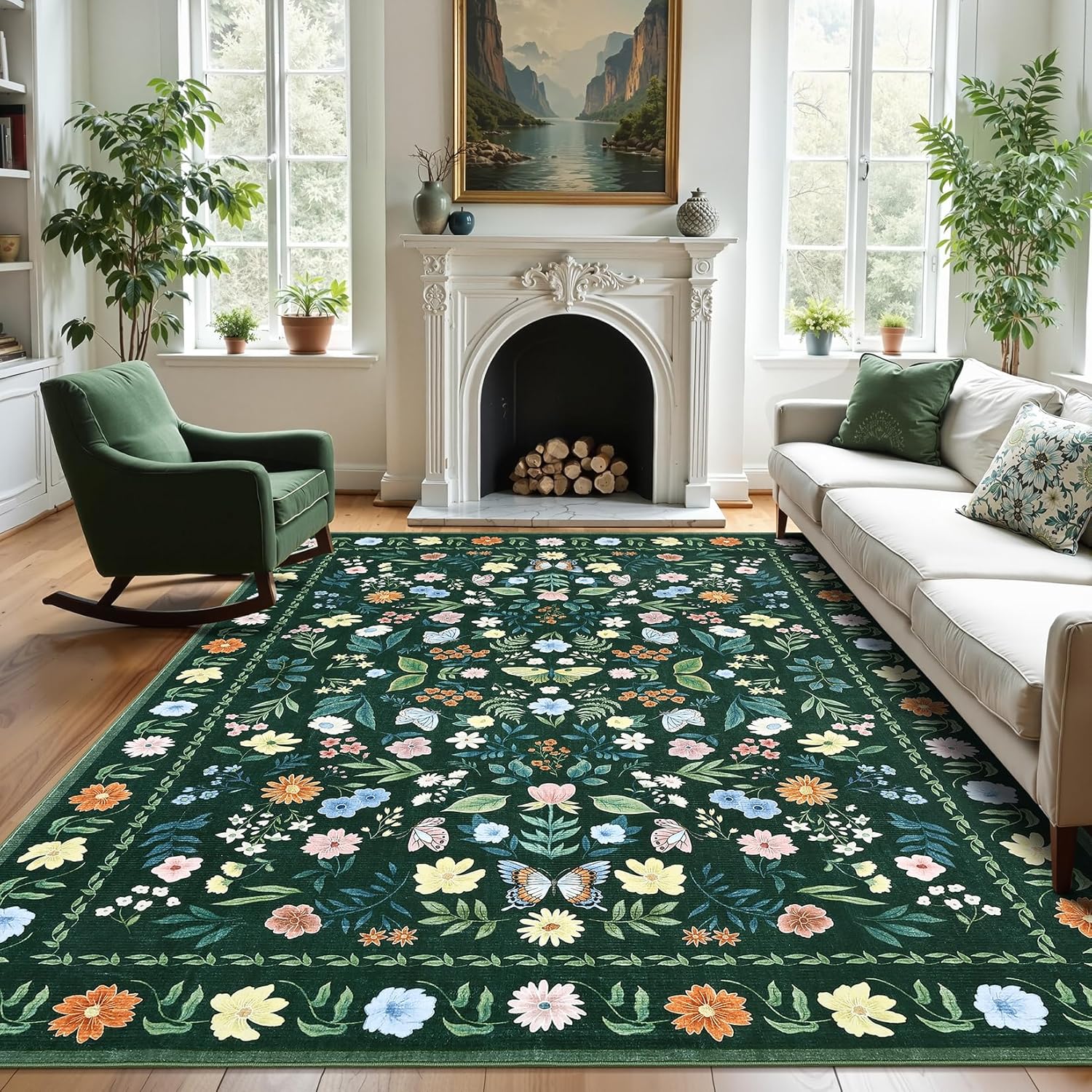 GarveeHome Floral Rug 5x7 Vintage Washable Non-Slip Living Room Carpet Soft Low Pile Thin Bedroom Floor Mat Indoor for Dining Room Playroom Nursery Farmhouse (Green)