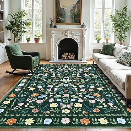 GarveeHome Floral Rug 5x7 Vintage Washable Non-Slip Living Room Carpet Soft Low Pile Thin Bedroom Floor Mat Indoor for Dining Room Playroom Nursery Farmhouse (Green)