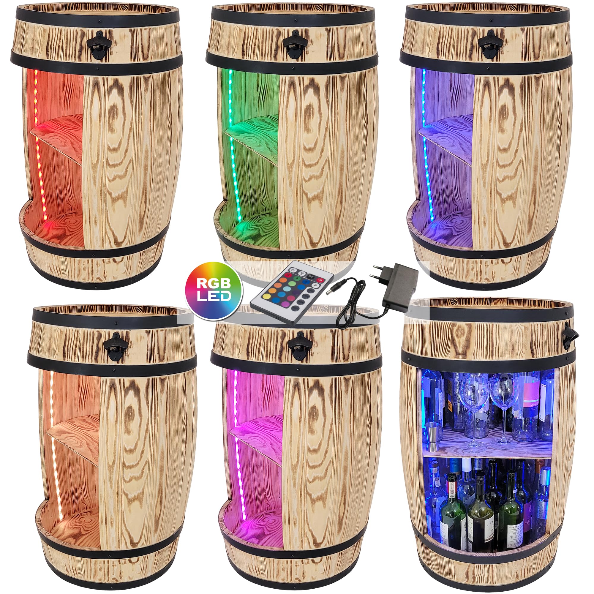 Weeco Armadietto per Vino a LED RGB - Scaffale in Legno - Bar Elegante - Supporto per Bottiglie - Mobile Barile in Legno - 80 x 50 cm