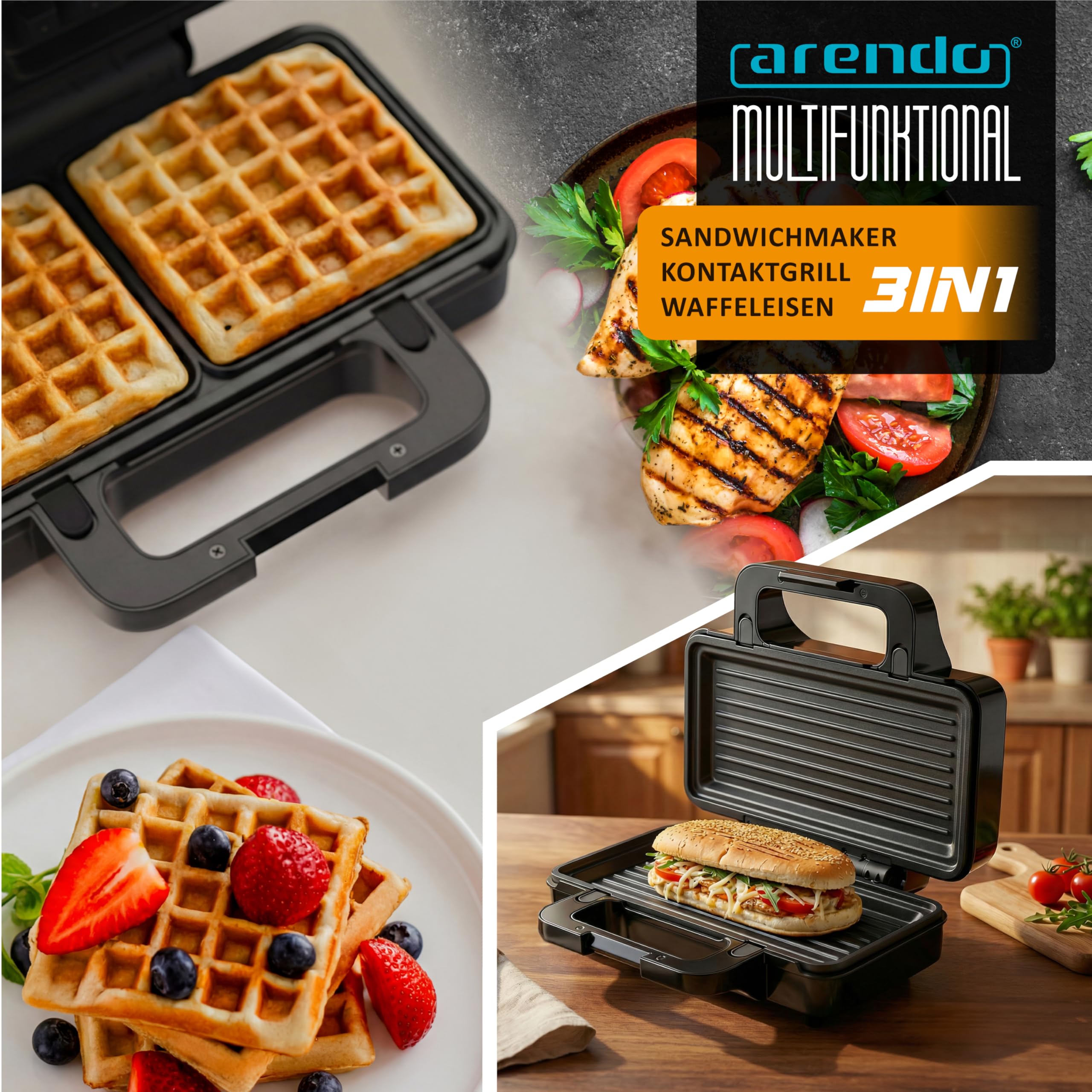 Arendo - Sandwichmaker 3 in 1 - mit Wechselplatten - Kontaktgrill – Waffeleisen – Sandwichmakler XXL - Antihaftbeschichtung – für Sandwiches, belgische Waffeln, Grillgut uvm - klein und kompakt