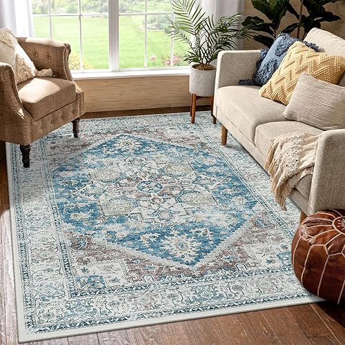 LIVEBOX Alfombra lavable de 5 x 8 pies, alfombra bohemia grande para sala de estar, alfombra vintage antideslizante para interiores, para
