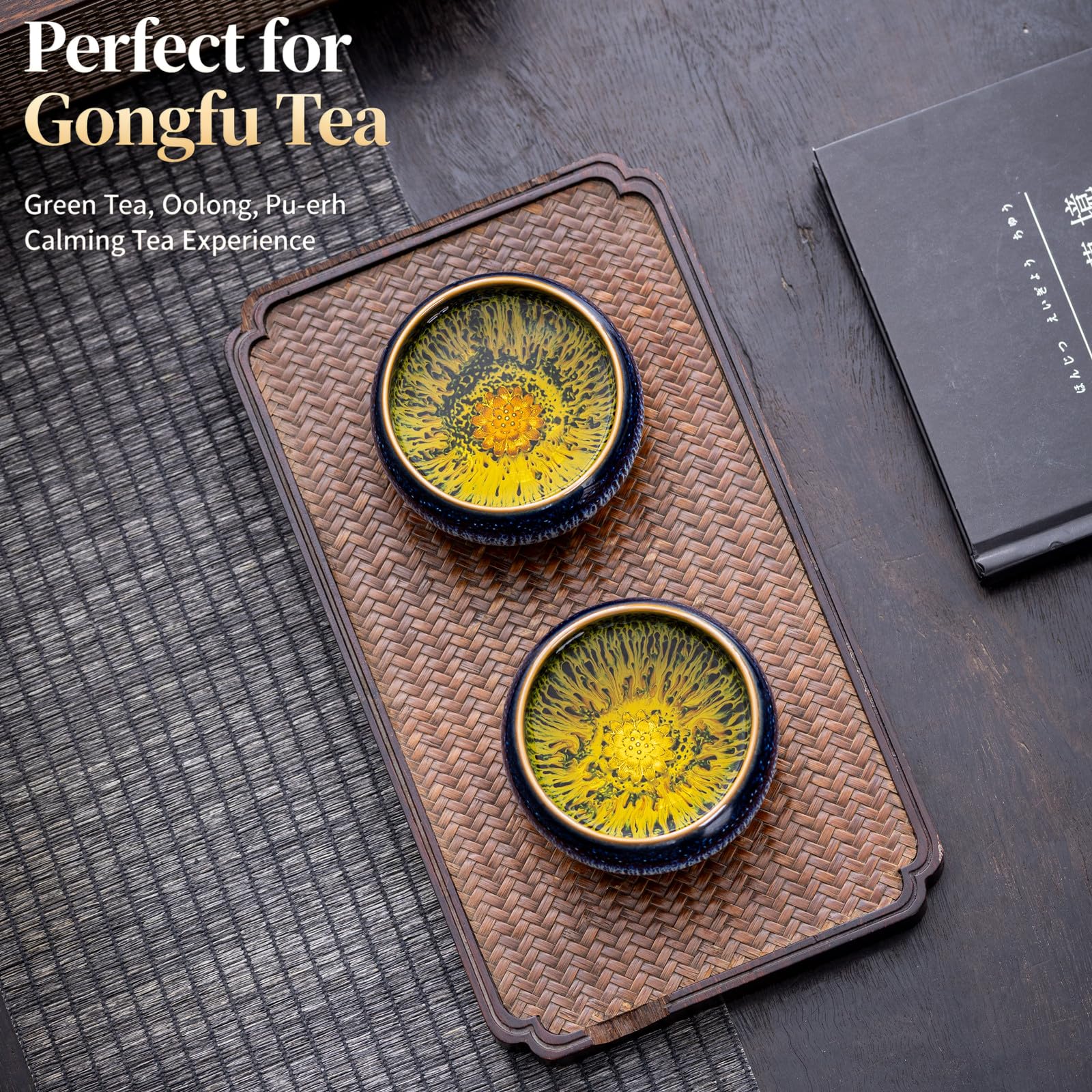 Handgefertigtes Tenmokus Lotus-Teetassen-Set, traditioneller chinesischer Stil, Jianzhan-Keramikofen, kleine Teetassen für Gongfu-Teezeremonie, 2er-Set (Zen)