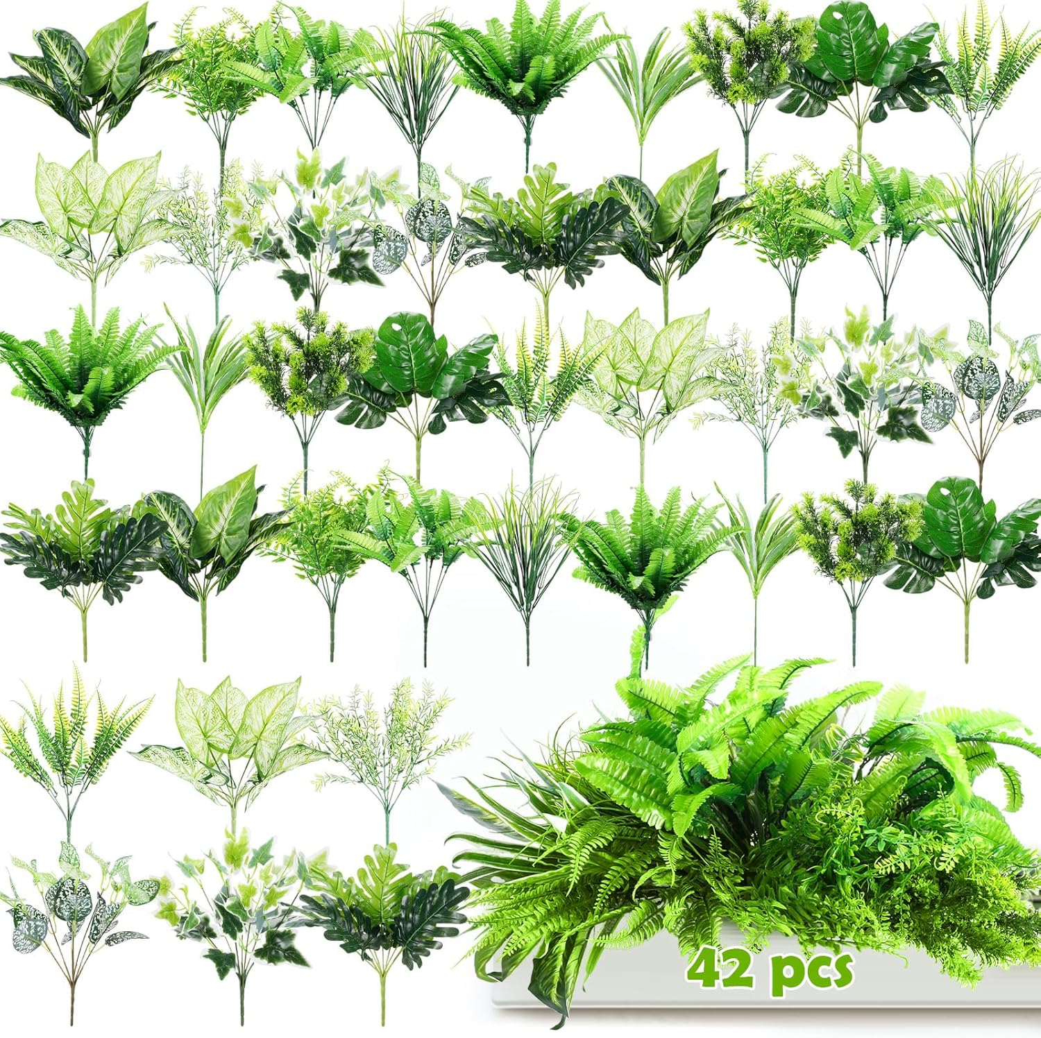 42 Bundles Artificial Plants Outdoor Fake Boston Ferns Palm Tree Leaves Artificial Grass for Outdoor Faux Greenery Bushes UV Resistant No Fade for Outside Garden Patio Porch Decor