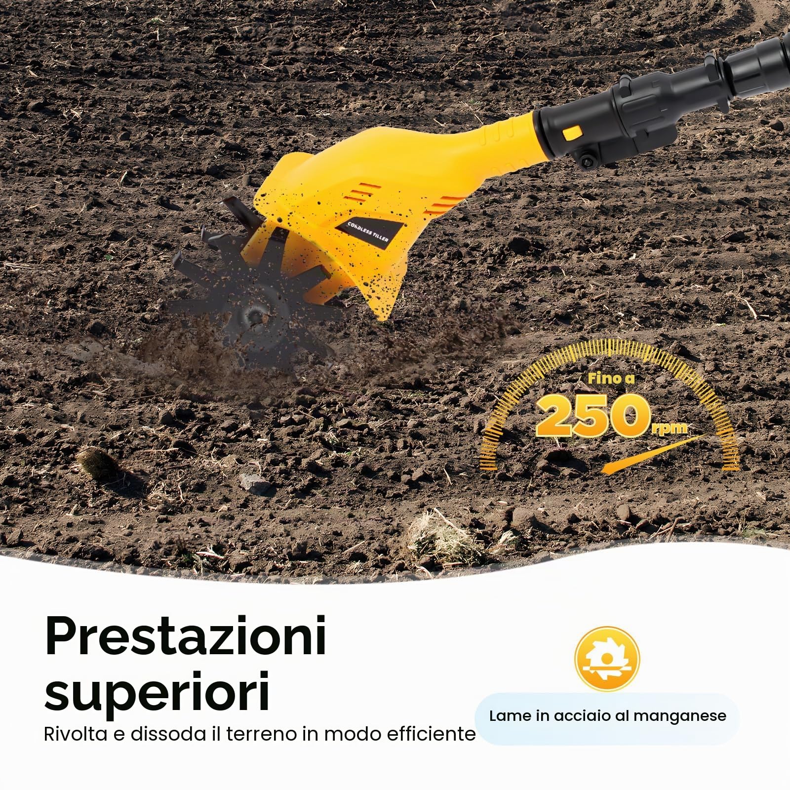 Motozappa, fresa da giardino, motozappa elettrica con batteria e caricatore, manuale regolabile a batteria, profondità di taglio 25 cm, per giardino e prato