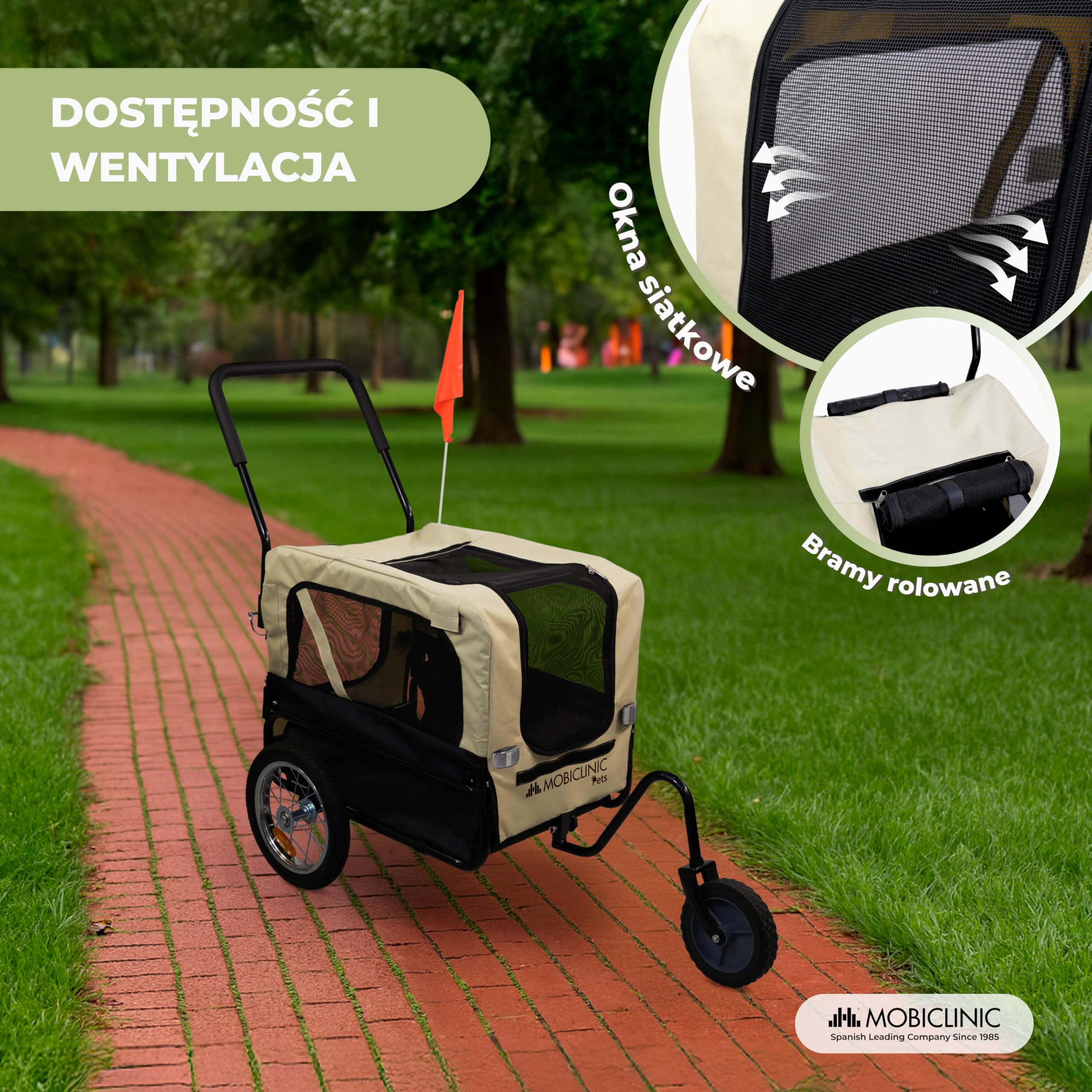 Mobiclinic®, Przyczepka Rowerowa dla Psa + Wózek Transportowy, 2 w 1, Do 40 kg, Wodoodporna Osłona, 123x67x100 cm, Flaga i Odblaski, Oxford 600D, dla Psów Małych i średnich